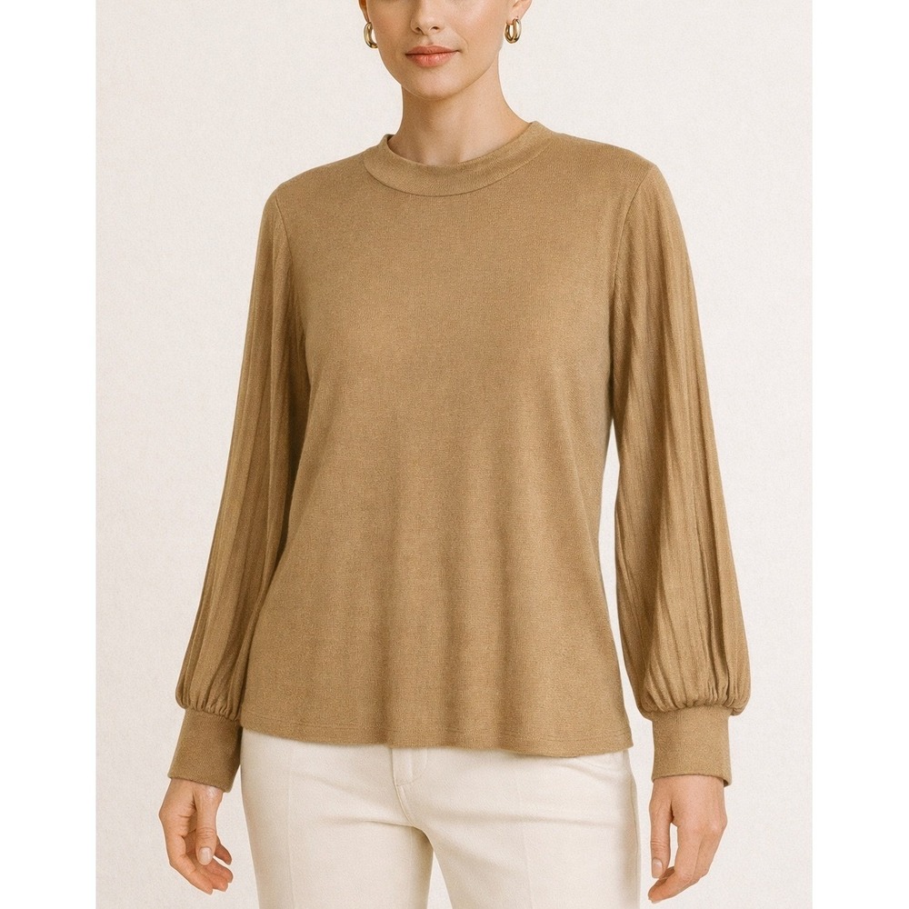 Chico's Pleated Balloon Sleeve Mock Neck Top Women Size 2 L Tan Metallic Holiday